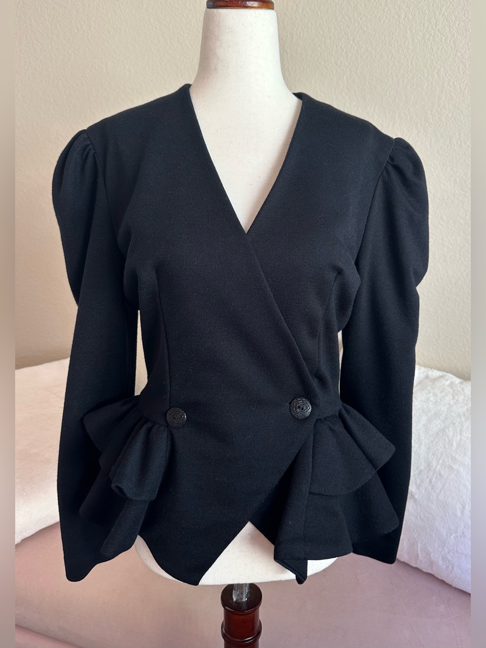 Vintage 1980s Sybil California Blazer Jacket Black Puff Sleeve Ruffle Waist Sz M